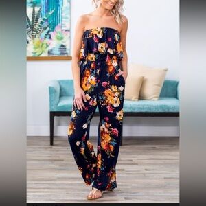 Filly Flair Floral Strapless Jumpsuit - Navy and Multicolor